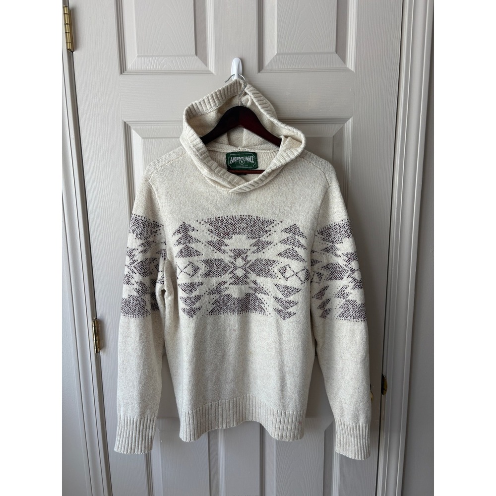 American Eagle Hoodie Women Medium Cream Southwestern Knit Pullover Sweater